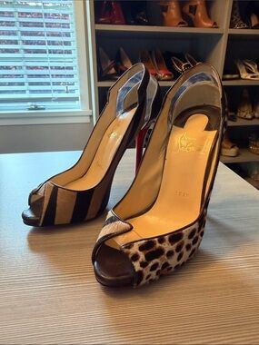 Christian Louboutin Leopard & Striped Peep-Toe Slingbacks - Brown, Black
